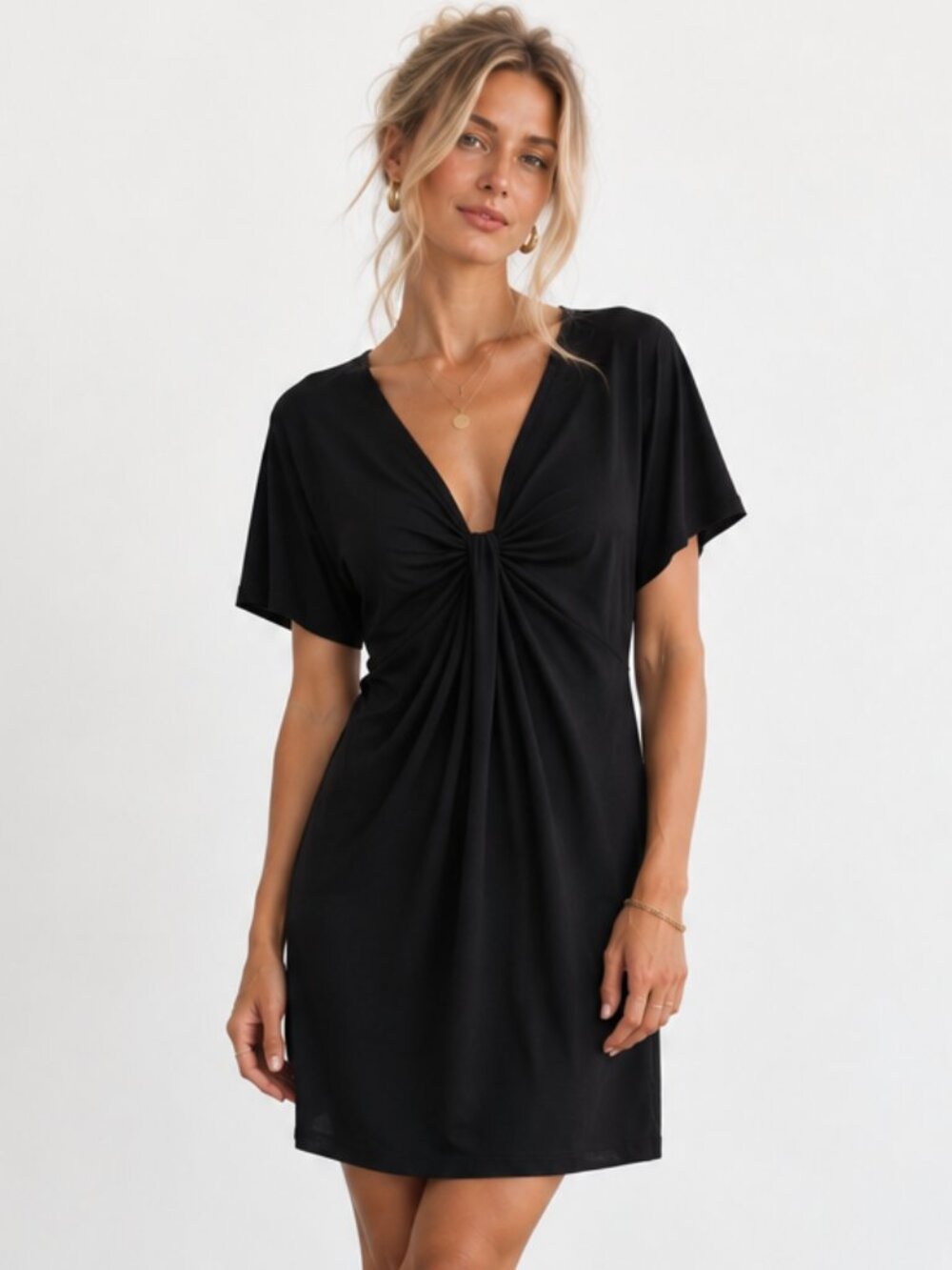 BANANA REPUBLIC Black V-Neck Knot Front Twist Stretch Jersey Dress Sz S EUC